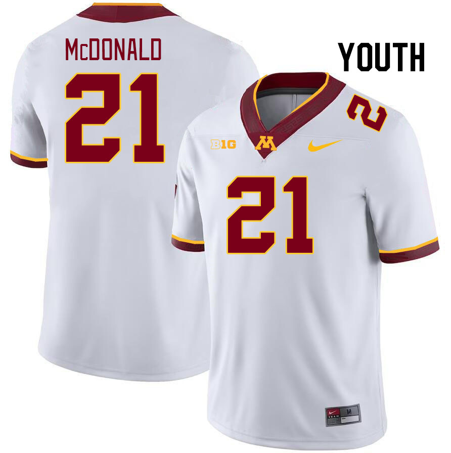 Youth #21 Craig McDonald Minnesota Golden Gophers College Football Jerseys Stitched Sale-White